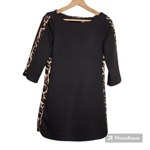 Vince Camuto Black Scuba inset leopard print size 6 3/4 sleeve Holiday Dress